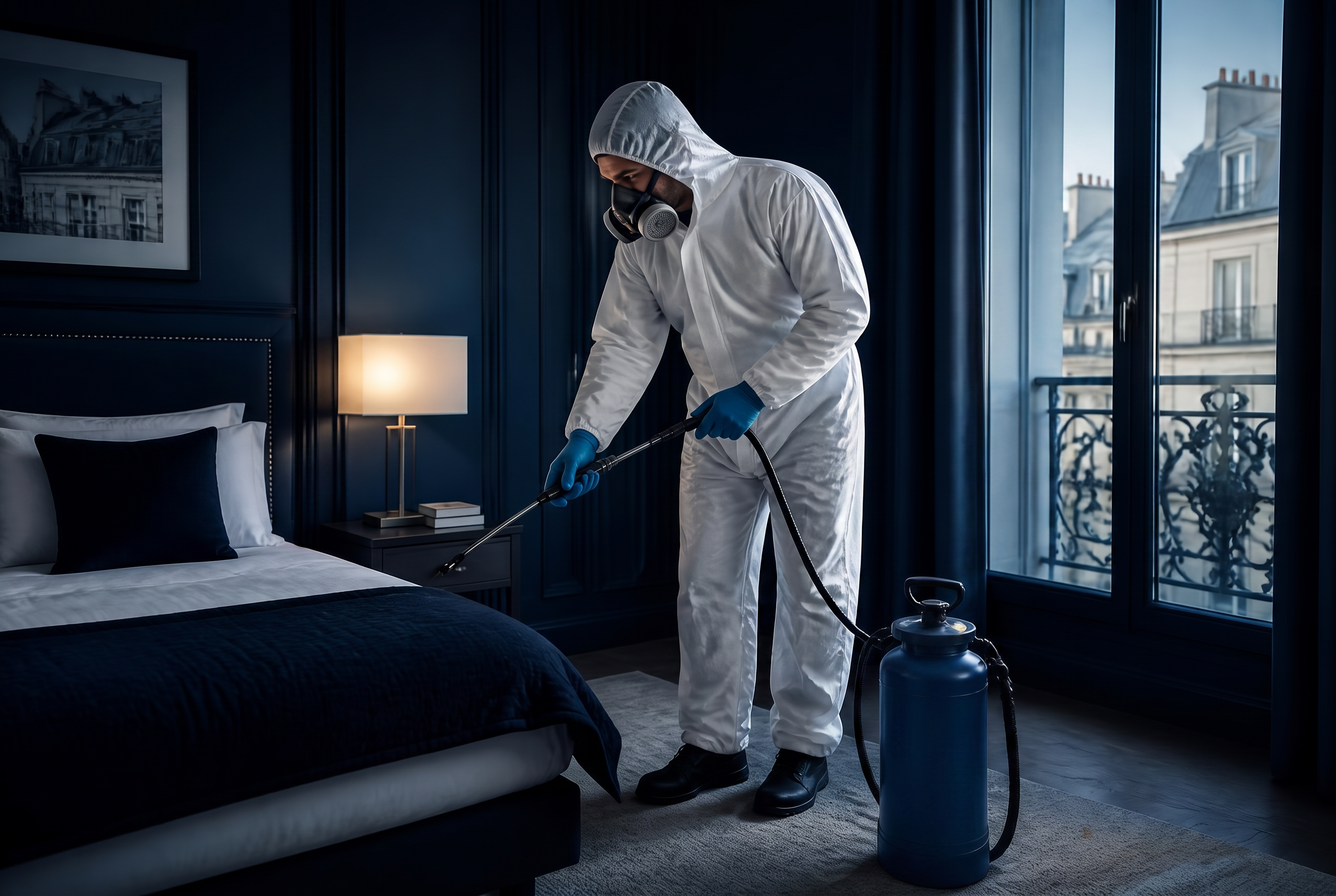 Technicien en combinaison de protection en intervention contre les nuisibles dans une habitation